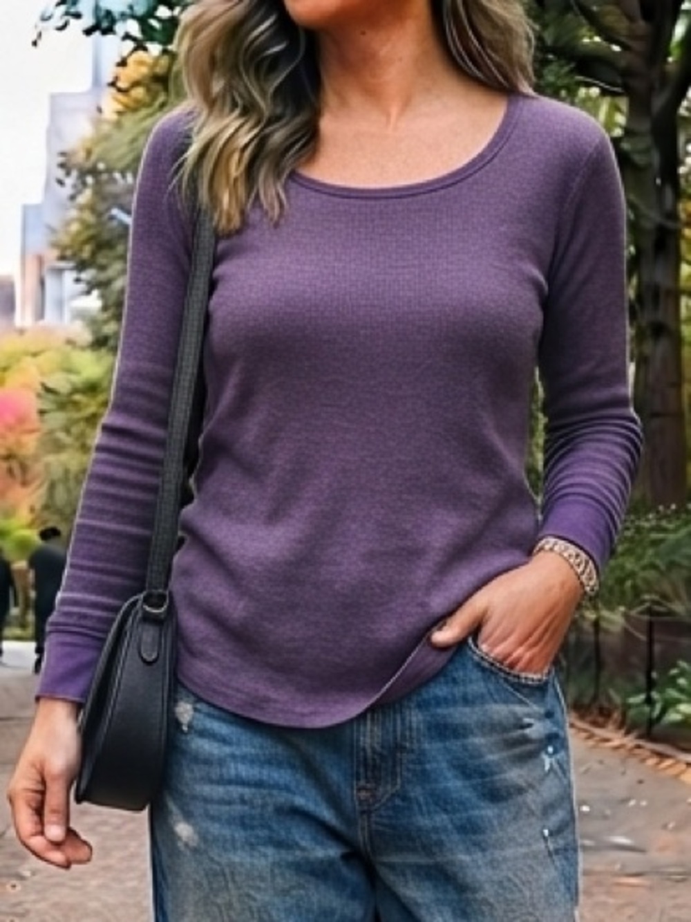 Eddie Bauer Purple Thermal Long Sleeve Waffle Knit Crewneck Top L Heritage Basic